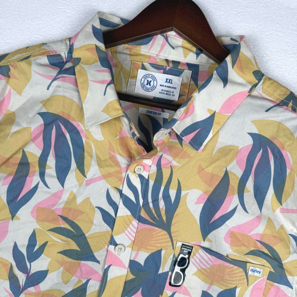 NWT Hurley Button Up Shirt Mens XXL Bone Aticama Floral Short Sleeve Stretch Fit